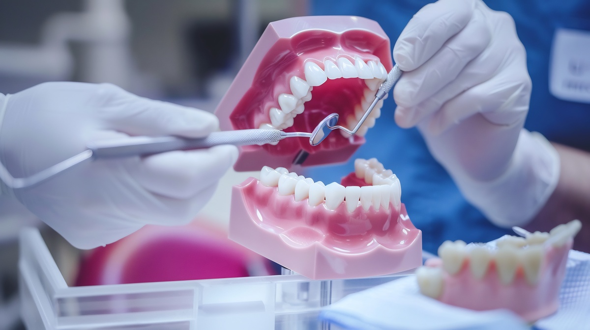 Dentist explaining the process of getting dental veneers using visual aids and models to illustrate the transformation